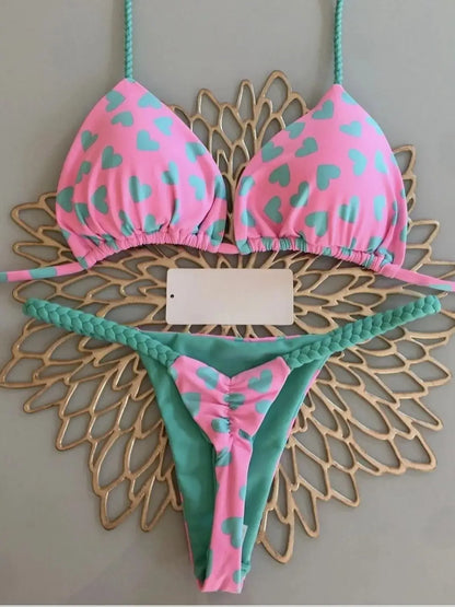 Women's Striped High-Waist Thong Bikini Set