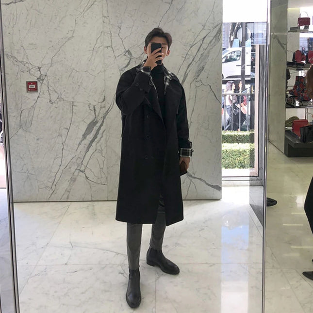 Mens Double-Breasted  Belted Trench Coat with Lapels