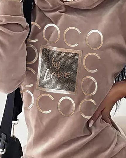 Women’s Long Sweater Dress with LOVE Print, Hooded and Loose Fit