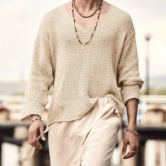 Men's Knit V-Neck Long Sleeve Hollow Out Loose Fit Sweater