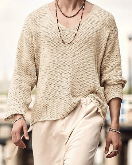 Men's Knit V-Neck Long Sleeve Hollow Out Loose Fit Sweater