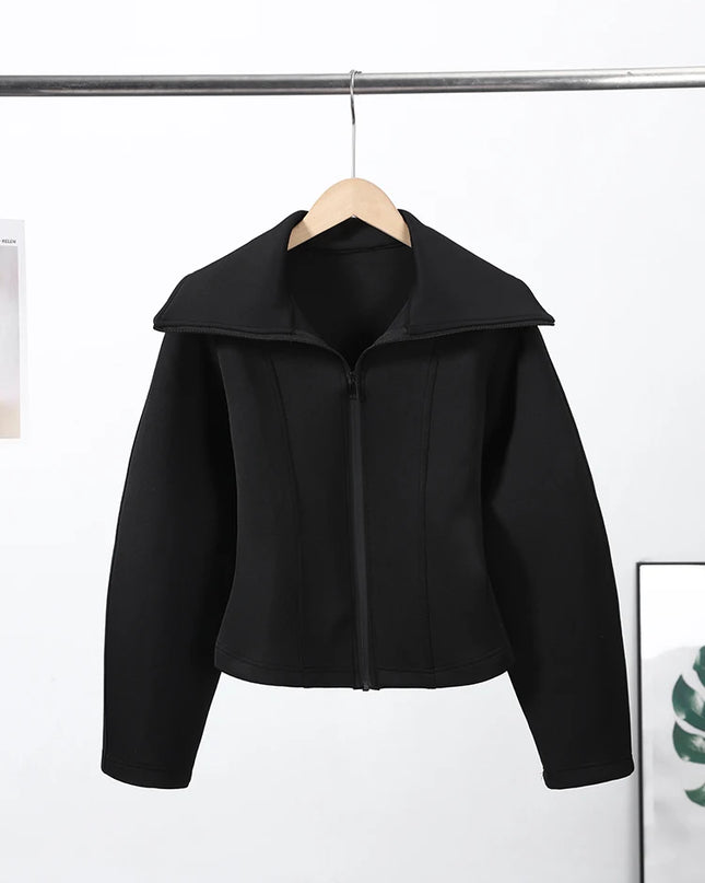 Women's Long Sleeve Zipper Jacket with Turn-Down Collar – Casual and Chic