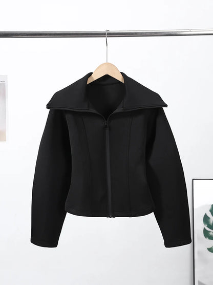 Women's Long Sleeve Zipper Jacket with Turn-Down Collar – Casual and Chic
