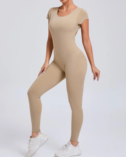 Women's Padded Short Sleeve One-Piece Jumpsuit - Quick-Dry, Backless Sports Suit for Active Fitness