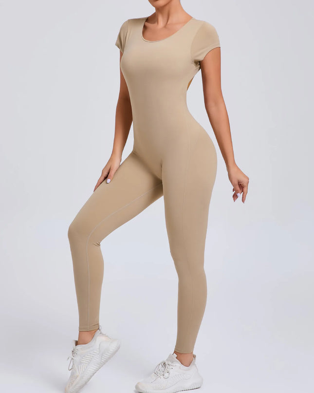 Women's Padded Short Sleeve One-Piece Jumpsuit - Quick-Dry, Backless Sports Suit for Active Fitness