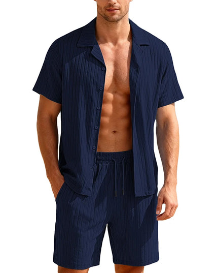 Men's Two-Piece Casual Button-Down Shirt and Drawstring Shorts Set