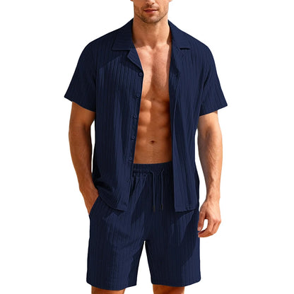 Men's Two-Piece Casual Button-Down Shirt and Drawstring Shorts Set