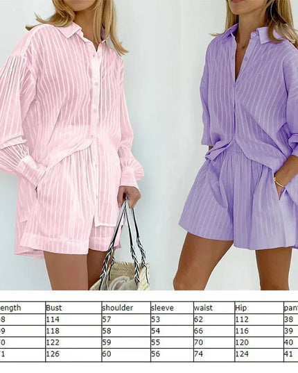 Women's Casual Two-Piece Striped Jacquard Shirt and Elastic Waist Shorts Set