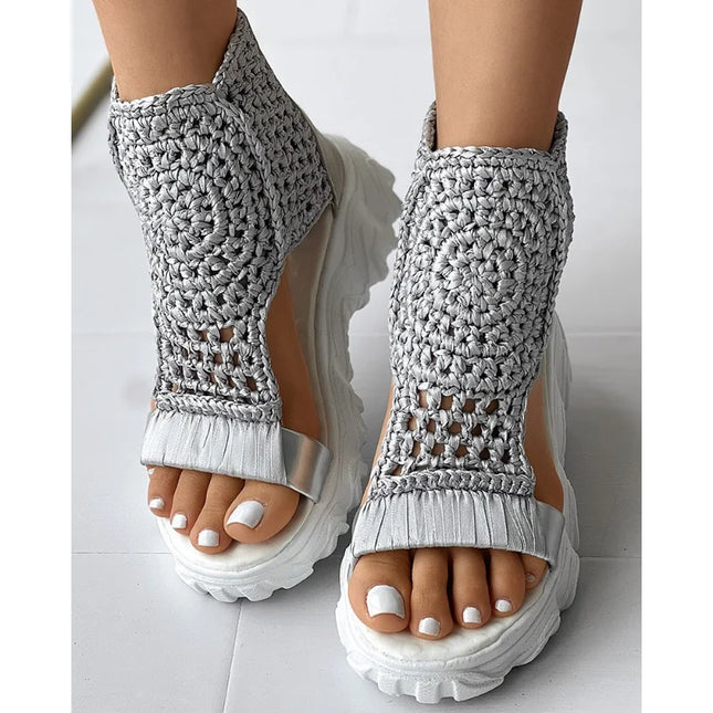 Knitted Women's Sandals with Braided Elastic and Mesh, Flat Bottom Design
