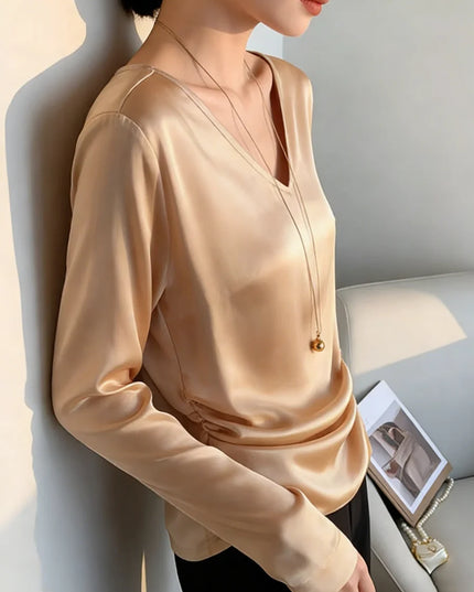 Women's Satin Feel V-Neck Long Sleeve Loose Elegant Blouse