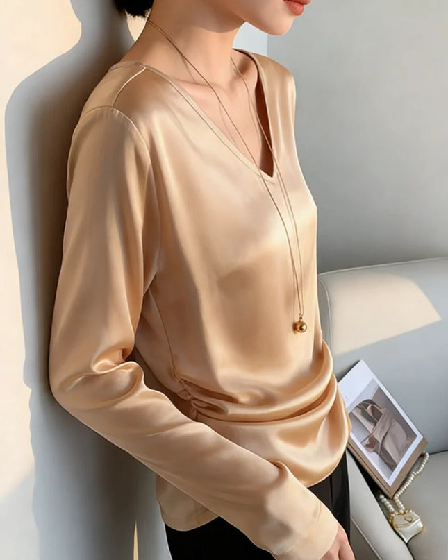 Women's Satin Feel V-Neck Long Sleeve Loose Elegant Blouse