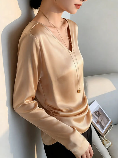 Women's Satin Feel V-Neck Long Sleeve Loose Elegant Blouse