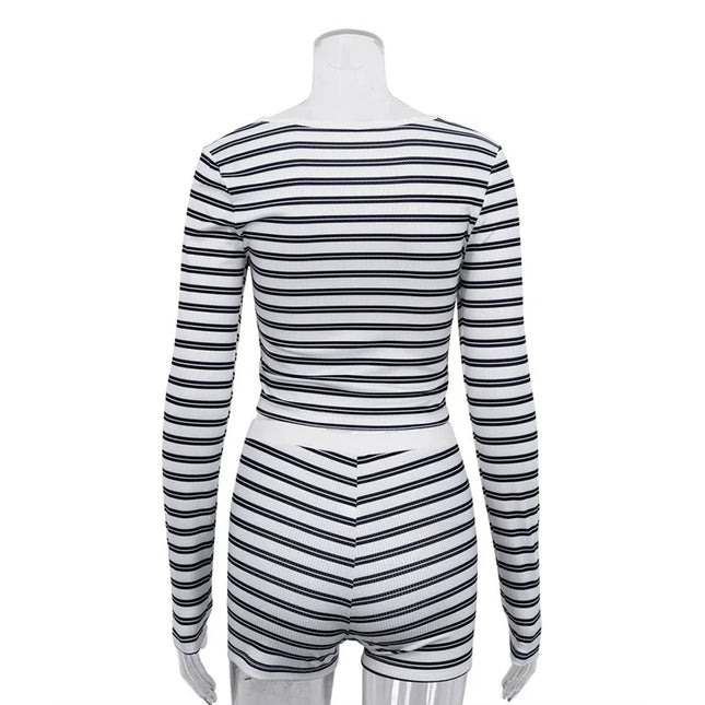 Women's Two-Piece Set: Long Sleeve Cropped Sweater and High-Waist Button-Front Slim Mini Shorts