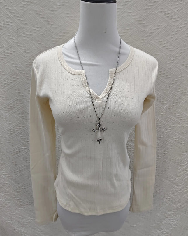 Women's Hollow Out Long Sleeve Round Neck Button-Up Slim Fit Cotton Sweater
