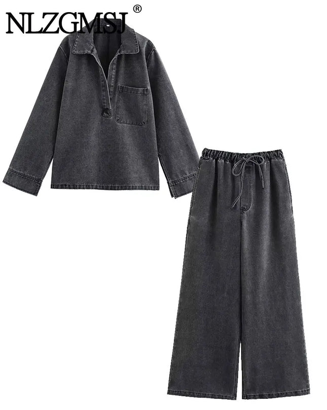 Women’s Two-Piece Sweater Set with Turn-Down Collar & High-Waist Drawstring Pants