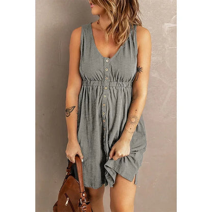 Women’s Sleeveless Button-Down Dress with Elastic Waist – Swing Style, Loose Fit