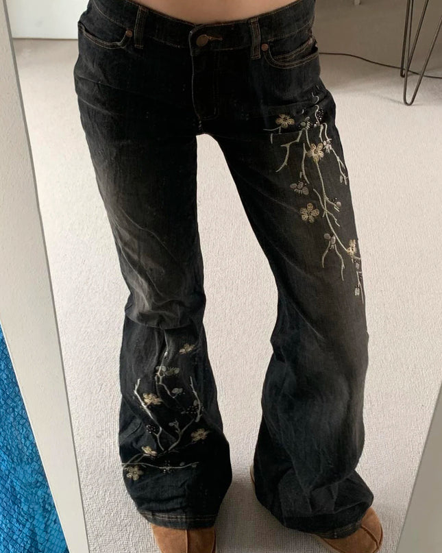 Women's Floral Embroidered Low Rise Flared Denim Jeans