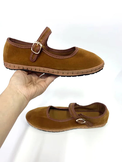 Velvet Mary Jane Flats for Women - Hand-Stitched Casual Shoes