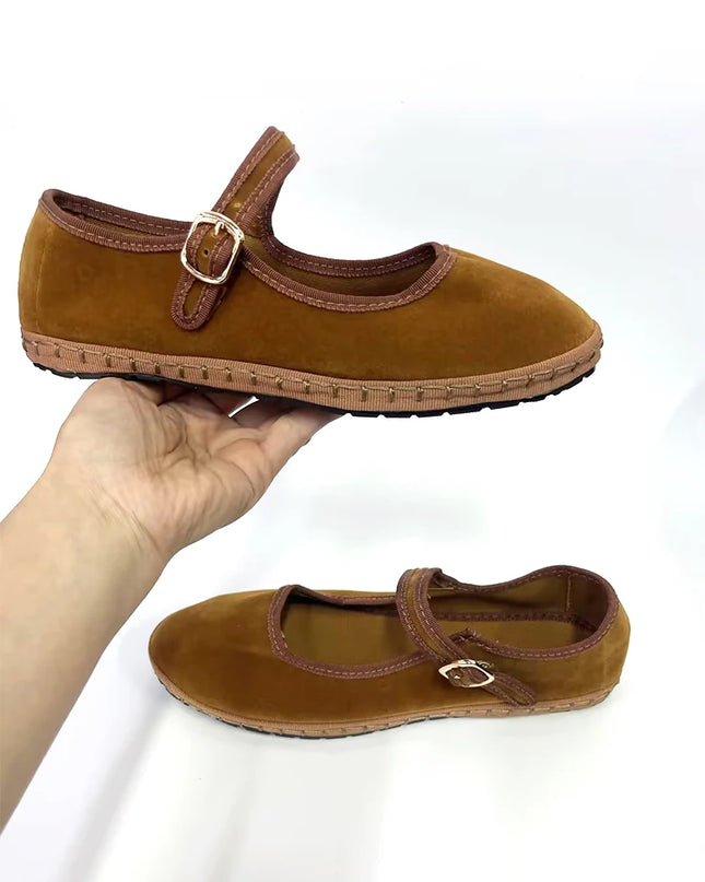 Velvet Mary Jane Flats for Women - Hand-Stitched Casual Shoes