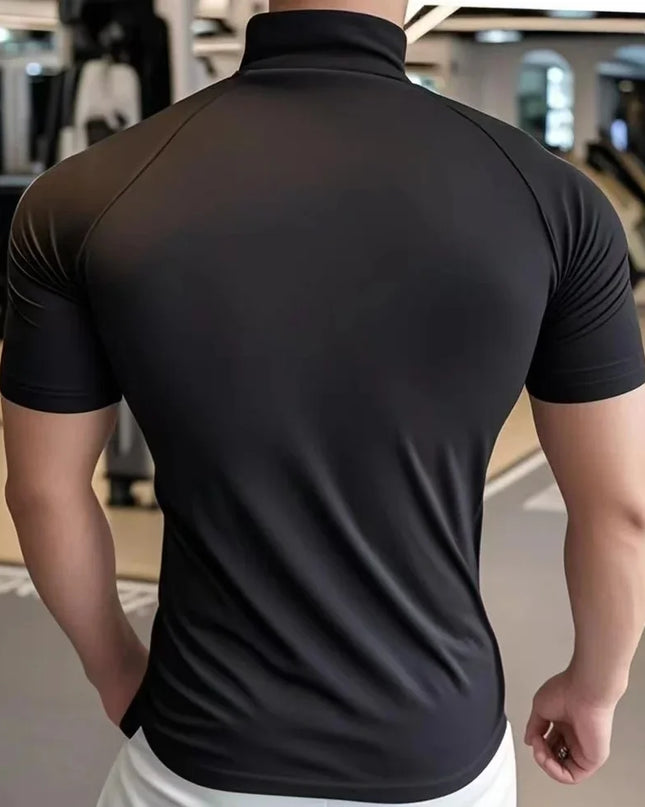 Men's Quick-Dry Elastic T-Shirt with Zippered Round Neck