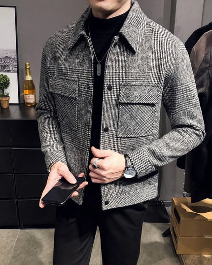 Slim Fit Men’s Polo Neck Jacket with Checkered Pattern and Multiple Pockets