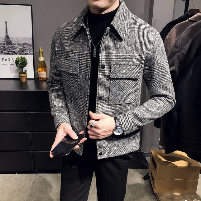 Slim Fit Men’s Polo Neck Jacket with Checkered Pattern and Multiple Pockets