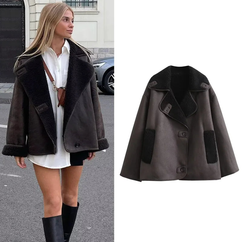 Woman wearing a dark brown coat with fur collar on a street, next to a plain background image of the coat.