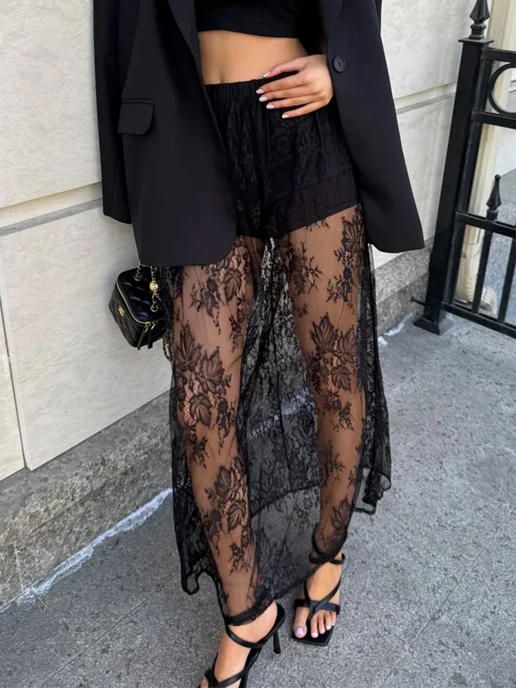 Women's See-Through Floral Print Lace White High-Waisted Loose Pants