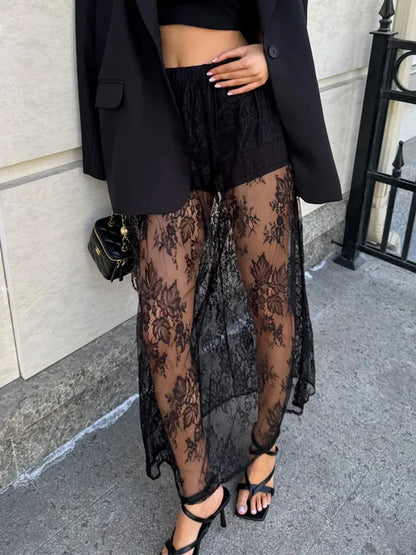 Women's See-Through Floral Print Lace White High-Waisted Loose Pants