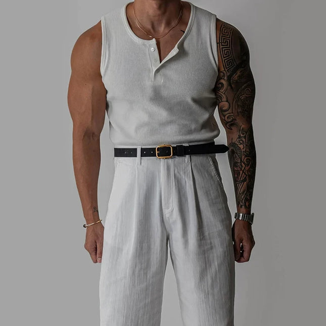 Slim Fit Ribbed Tank Top for Men - Stretchy & Button-Up
