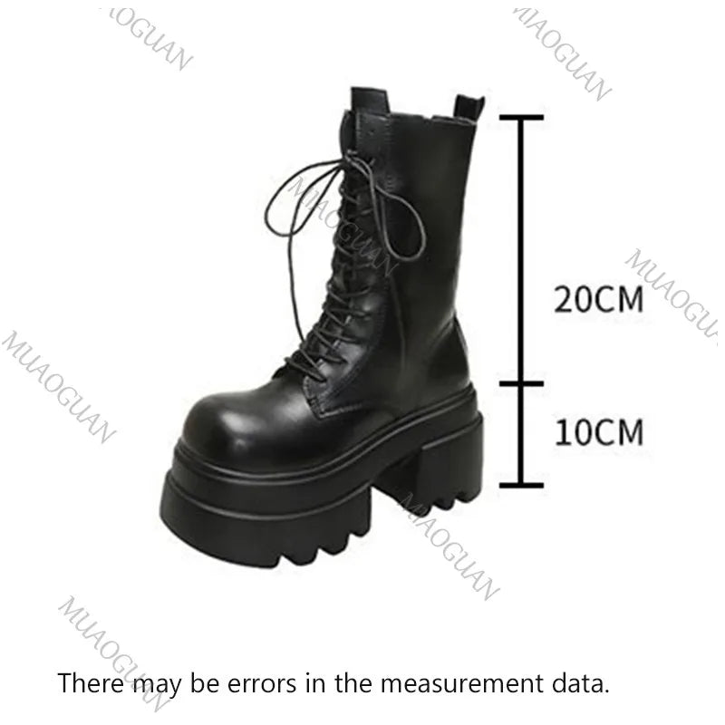 Women's Faux Leather Platform Boots - Mid-Calf Lace-Up Chunky High Heel Boots