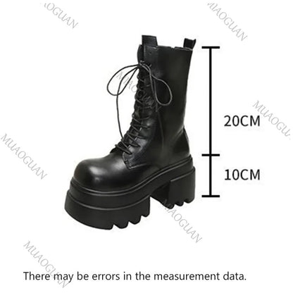 Women's Faux Leather Platform Boots - Mid-Calf Lace-Up Chunky High Heel Boots