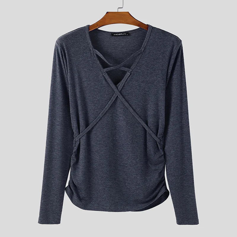 Incerun Men's V-Neck Long Sleeve Pleated Streetwear Top – Trendy Casual Urban Fashion for Men
