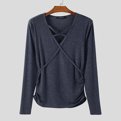 Incerun Men's V-Neck Long Sleeve Pleated Streetwear Top – Trendy Casual Urban Fashion for Men