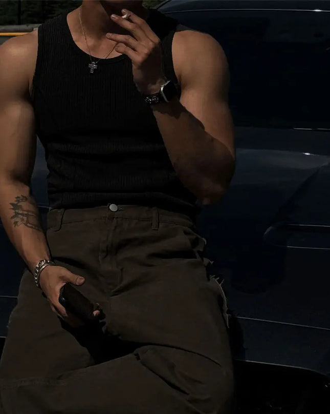 Men's Ribbed Sleeveless Tank Top - Breathable, Quick-Drying