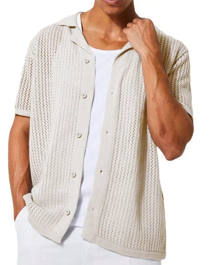 Men's Casual Knitted Shirt with Lapel - Hollow-Out Design - Button Closure