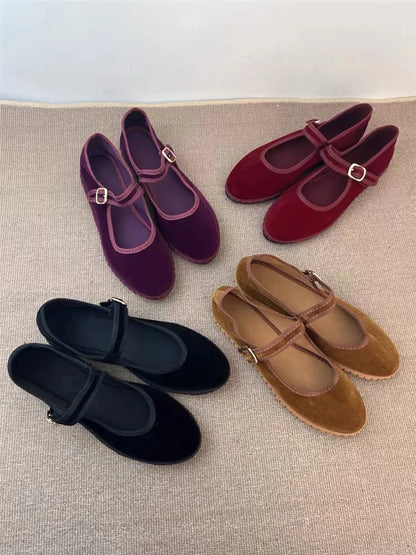 Velvet Mary Jane Flats for Women - Hand-Stitched Casual Shoes