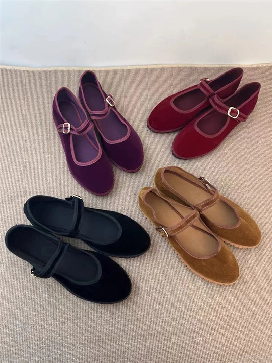 Velvet Mary Jane Flats for Women - Hand-Stitched Casual Shoes