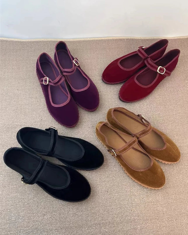 Velvet Mary Jane Flats for Women - Hand-Stitched Casual Shoes
