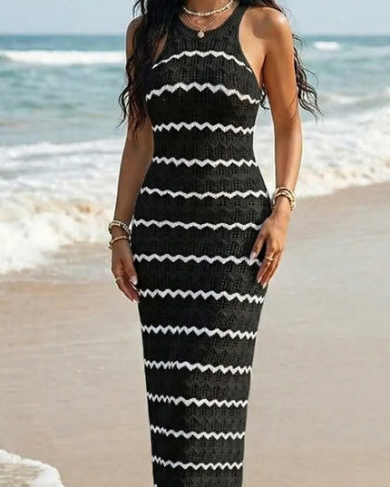 Women's Sleeveless Striped Hollow-Out Crochet Knit Dress