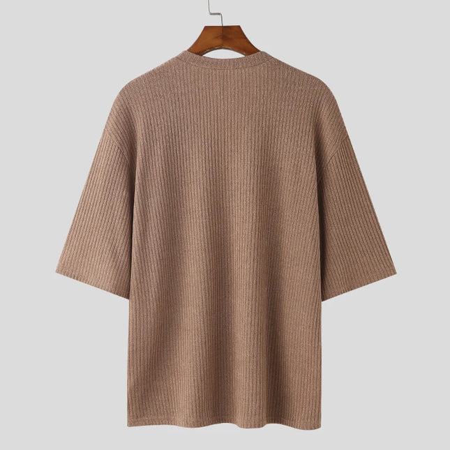 Men's V-Neck Short Sleeve Casual Slim Fit Ribbed T-Shirt