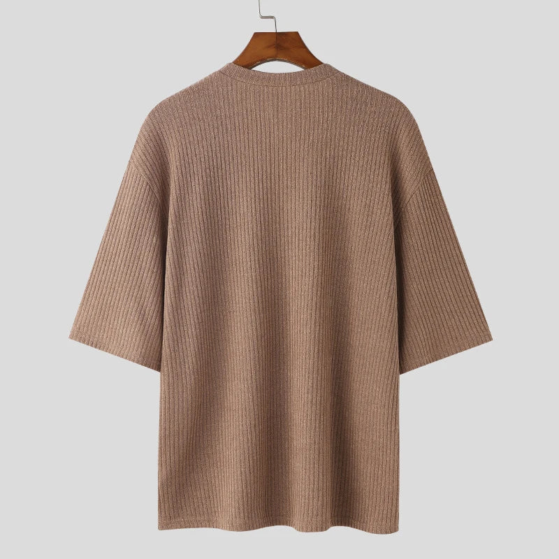 Men's V-Neck Short Sleeve Casual Slim Fit Ribbed T-Shirt