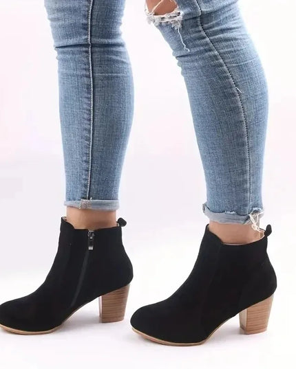 Women's Chunky Heel Ankle Boots with Zip Closure