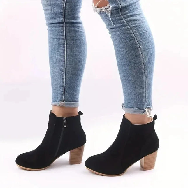 Women's Chunky Heel Ankle Boots with Zip Closure