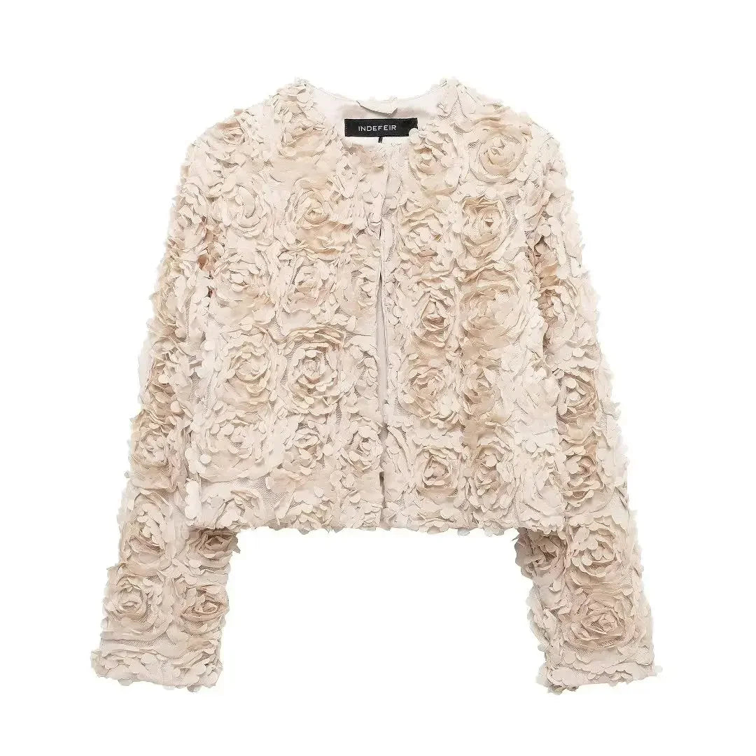 TRAF Women's Short Casual Textured Floral Jacket
