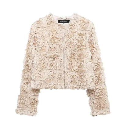 TRAF Women's Short Casual Textured Floral Jacket