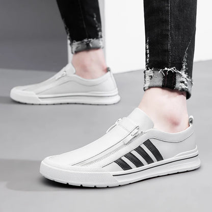 Men's Genuine Leather Zipper Flat Sneakers - Stylish Comfortable Casual Footwear