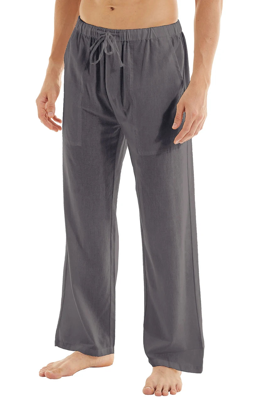 Men's Casual Linen Cotton  Pants Breathable Loos Elastic Waist