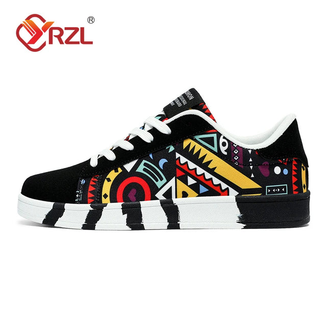 YRZL Men's Canvas Sneakers - Geometric Style Lace-Up Casual Shoes with Graffiti Design