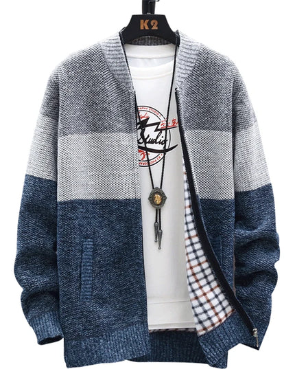 Men's Casual Striped Fleece Zip-Up Cardigan